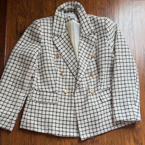 Rachel Zoe Cream and Black Checked Double-Breasted Tweed Blazer